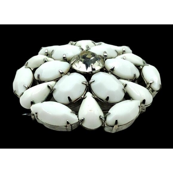 Vintage Rhinestone Brooch Opaque White and Clear Flower Pin Jewelry - Picture 4 of 10